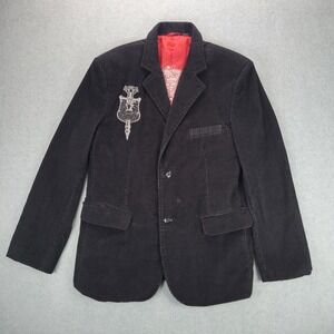 Franky Max Mens Black Corduroy Blazer Studded Embroidered Crest Red Lining L